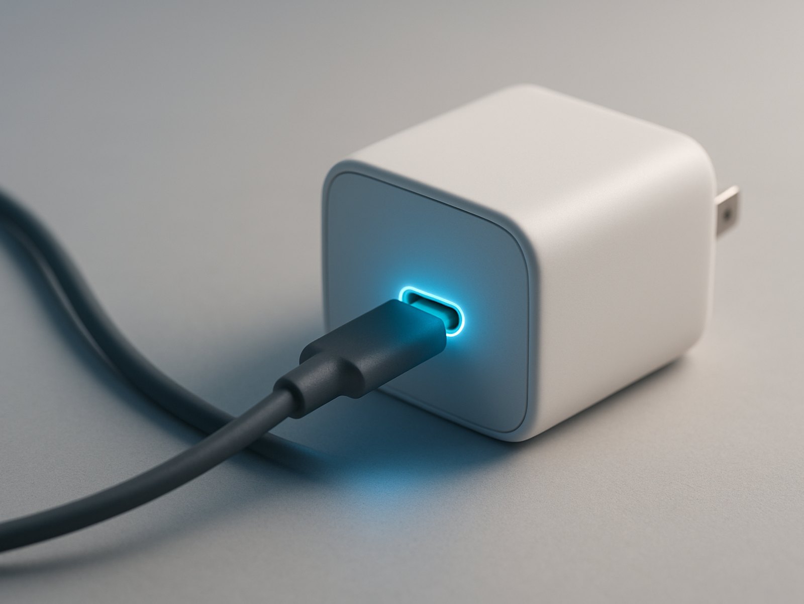 Компактный GaN-блок питания с USB-C кабелем на столе — рейтинг GaN-зарядок 2026